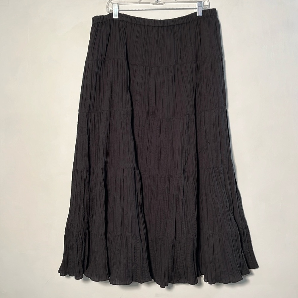 KATE HILL Boho Peasant Tiered Crinkle Pleat Elastic Waist Black Maxi Skirt SZ XL